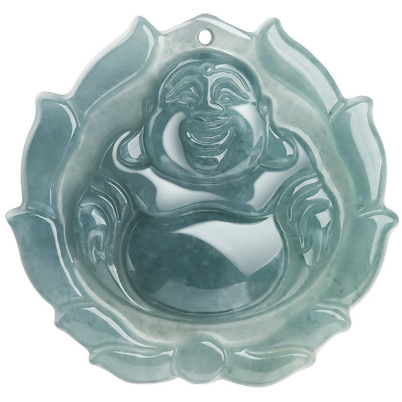 Buddha Stones Natural Jade Laughing Buddha Lotus Pattern Luck Necklace Pendant