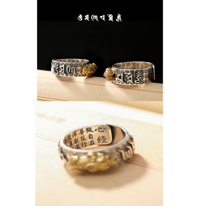 Buddha Stones Tibetan 990 Sterling Silver Om Mani Padme Hum PiXiu Dorje Vajra Heart Sutra Engraved Wealth Ring