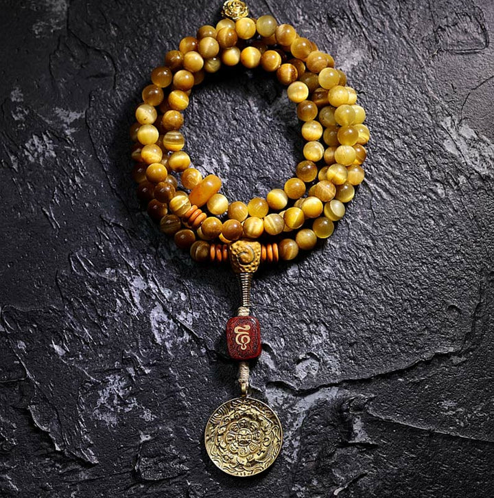 Buddha Stones 108 Mala Beads Natural Tiger Eye Copper Dorje Protection Tassel Bracelet