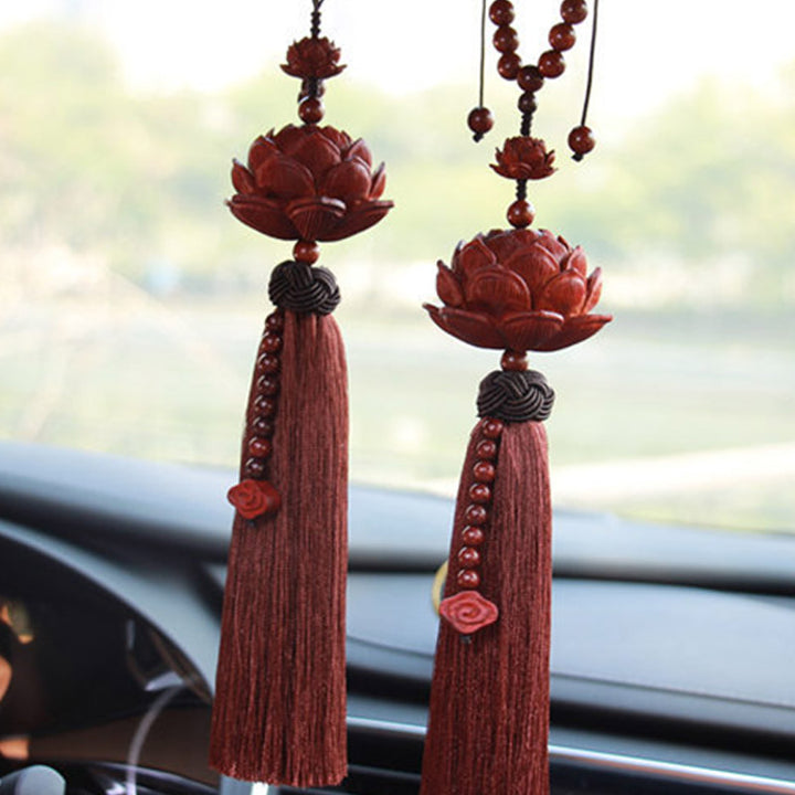 Buddha Stones Tibetan Small Leaf Red Sandalwood Lotus Luck Protection Tassel Decoration