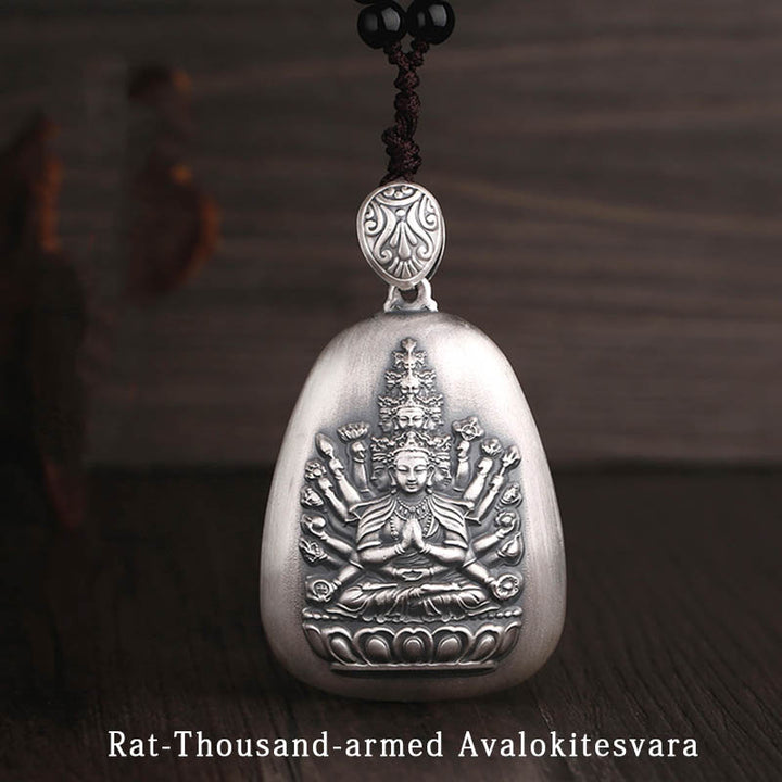 Buddha Stones 999 Sterling Silver Chinese Zodiac Natal Buddha Heart Sutra Engraved Protection Necklace Pendant