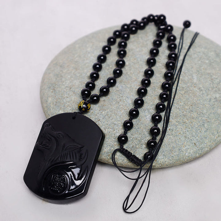 Buddha Stones Black Obsidian Stone Wolf Purification Pendant Necklace