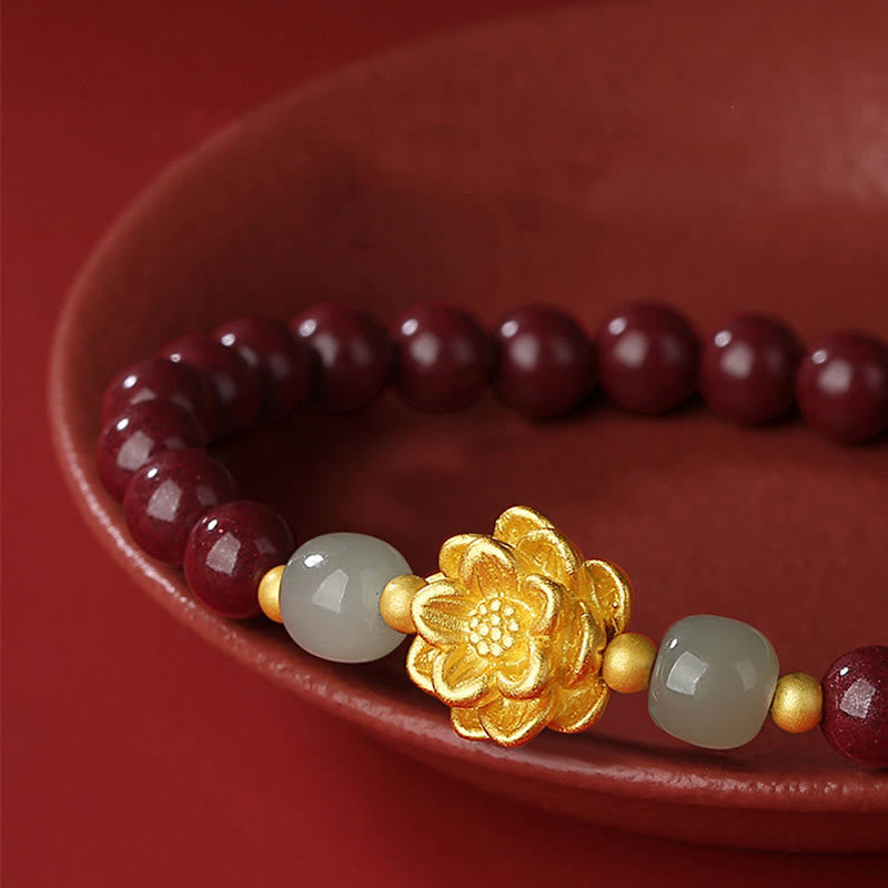 Buddha Stones 999 Sterling Silver Lotus Cinnabar Hetian Jade Blessing Bracelet