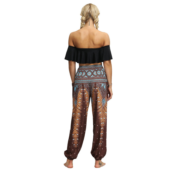 Buddha Stones Feather Print Hippie Baggy Trousers Boho High Waist with Pockets Women's Yoga Pants