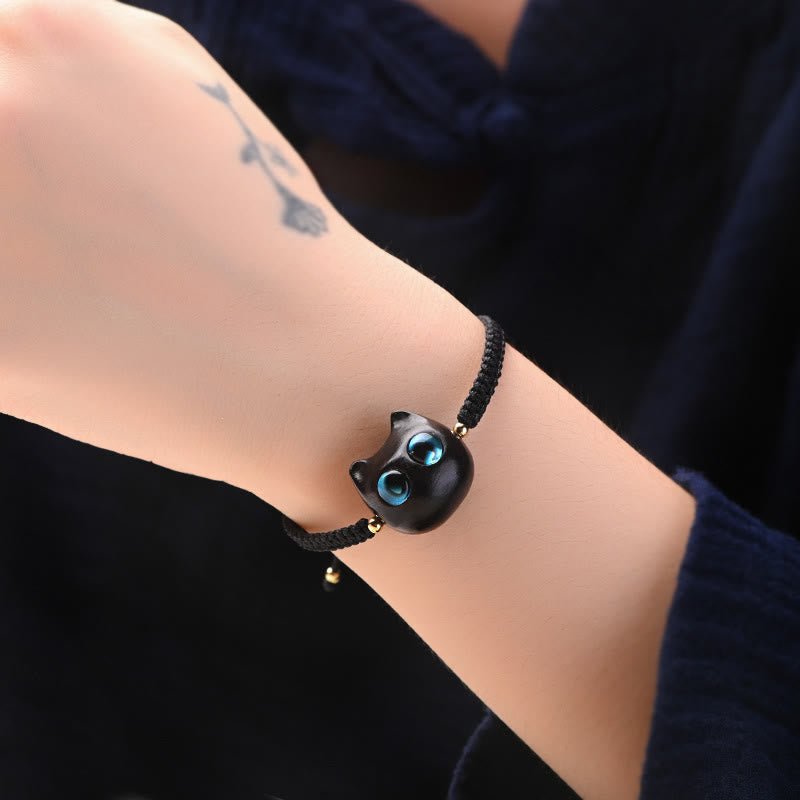 Buddha Stones Small Leaf Red Sandalwood Ebony Wood Cute Cat Head Calm Protection Braided Bracelet