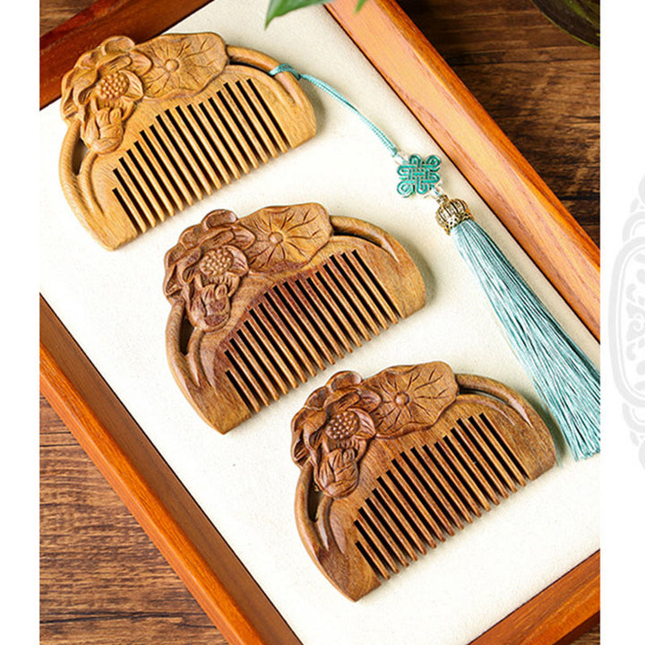 Natural Green Sandalwood Lotus Flower Leaf Engraved Soothing Comb