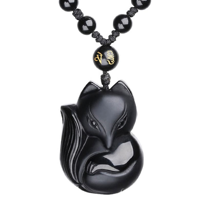 Buddha Stones Natural Black Obsidian Tiger Eye Ice Obsidian Fox Pendant Amulet Necklace