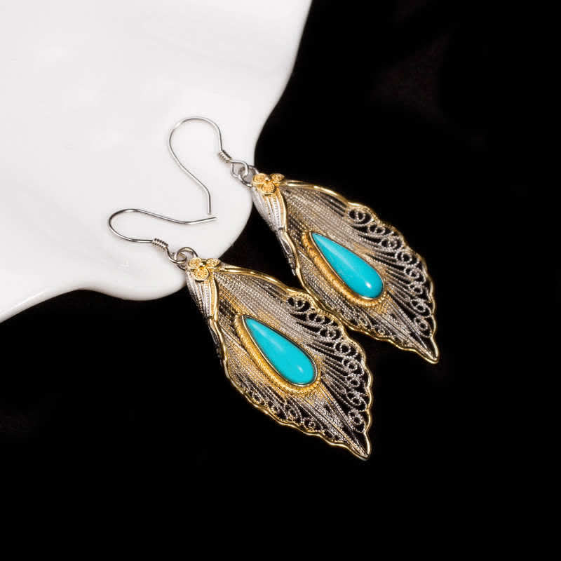 925 Sterling Silver Turquoise Bodhi Leaf Pattern Protection Drop Dangle Earrings