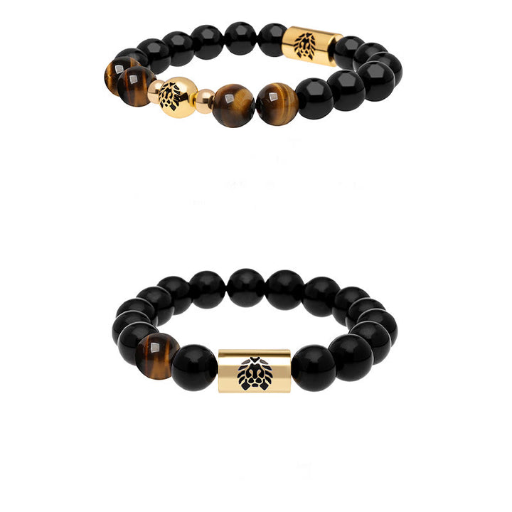 Buddha Stones Black Onyx Tiger Eye Bead Lion Engraved Protection Bracelet