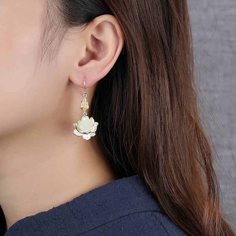 Buddha Stones White Jade Protection Harmony Drop Earrings