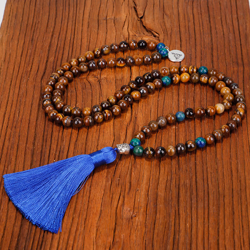 108 Mala Beads Tiger Eye Buddha Strength Bracelet Tassel Necklace Pendant