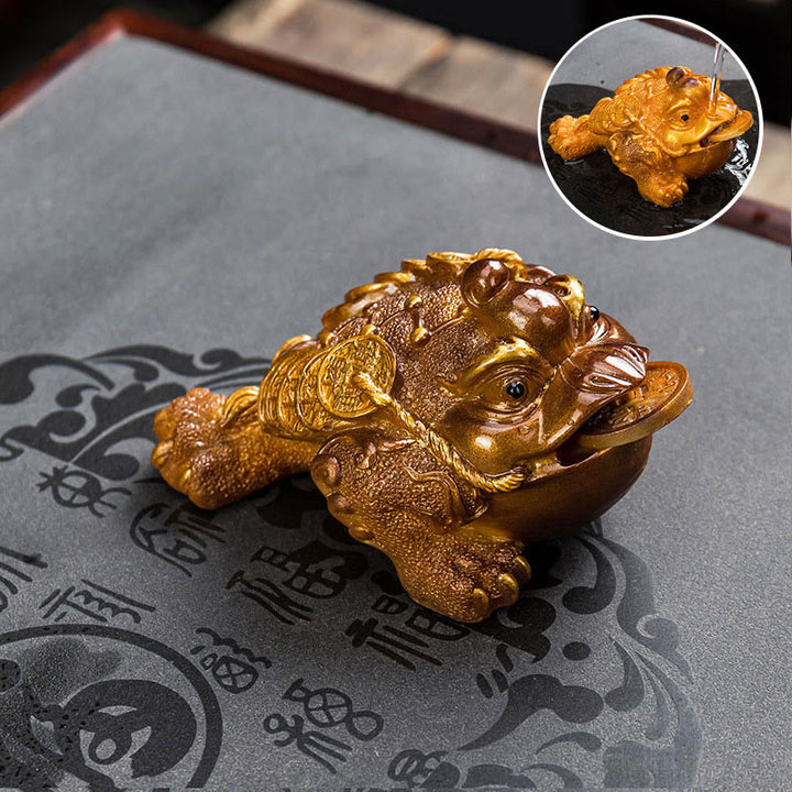 Buddha Stones Color Changing FengShui Wealth Lucky Frog Copper Coin Tea Pet Resin Figurine Decoration