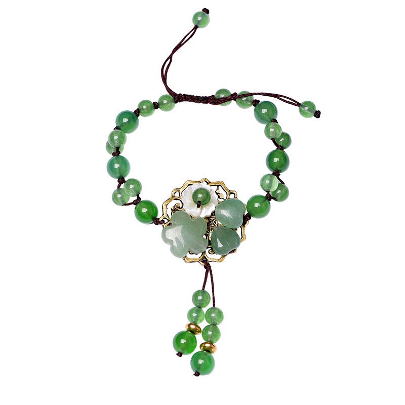 Buddha Stones Natural Green Jade Luck Dangling Flower Bracelet