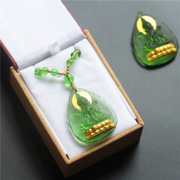 Buddha Stones Tibetan Green Tara Buddha Gold Plated Liuli Crystal Protection Necklace Pendant