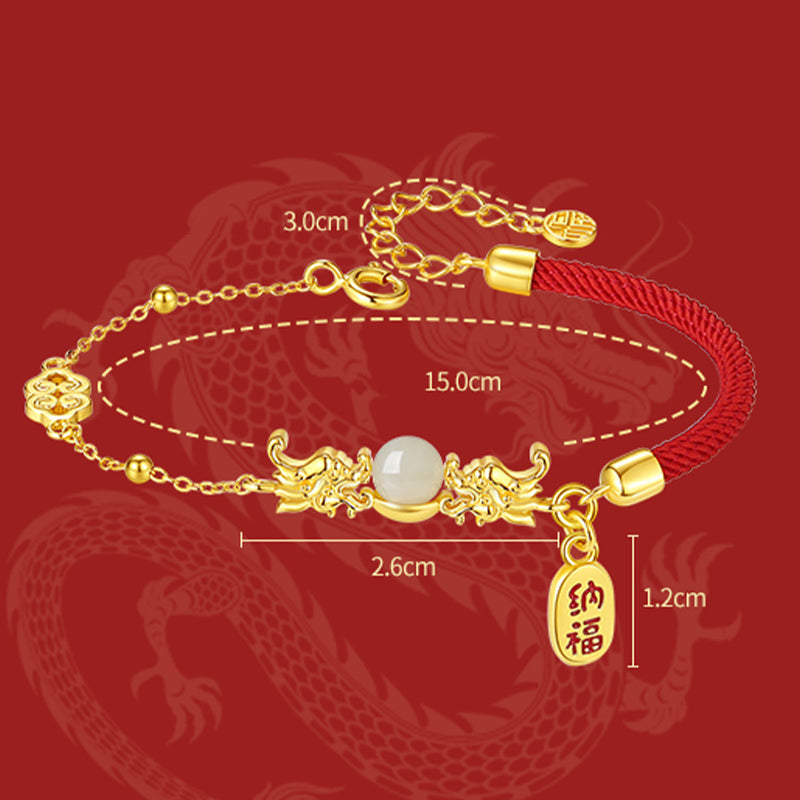 Buddha Stones Year of the Dragon 925 Sterling Silver Hetian Jade Attract Fortune Fu Character Luck Bracelet