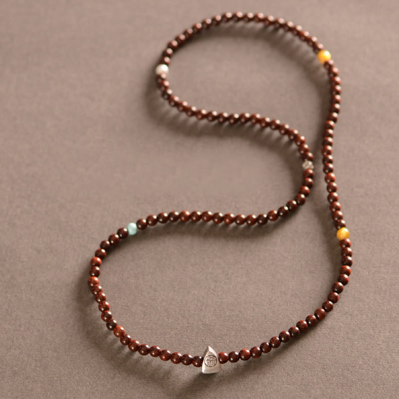 Buddha Stones 925 Sterling Silver Indian Small Leaf Red Sandalwood Fu Character Protection Triple Wrap Bracelet