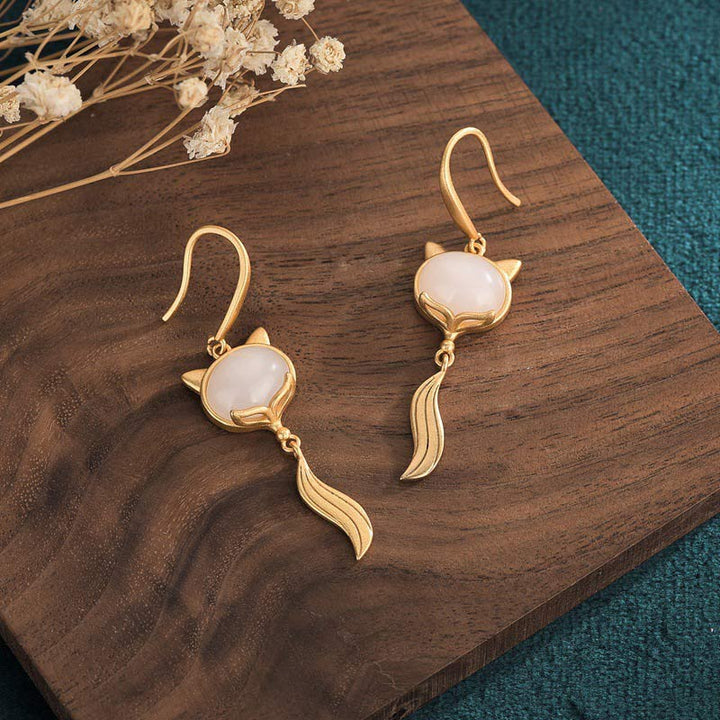 FengShui White Jade Fox Fortune Earrings