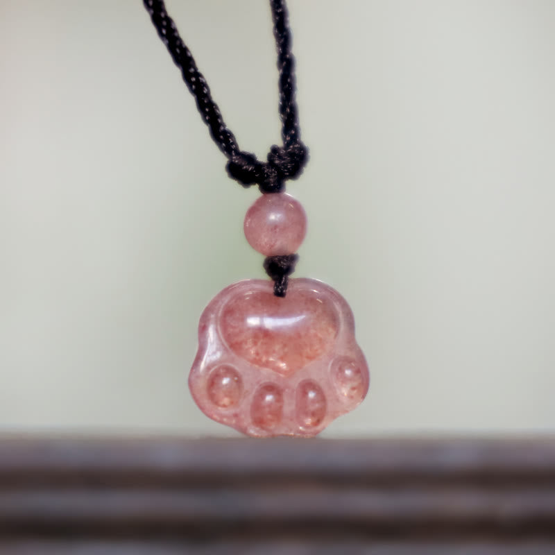 Buddha Stones Strawberry Quartz Lovely Cat Paw Claw Healing Necklace Pendant