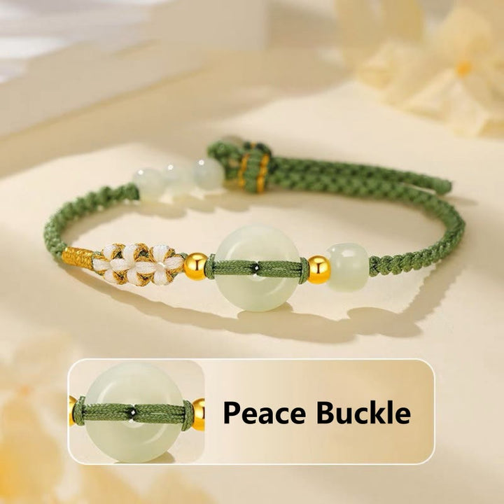 Buddha Stones Hetian Jade Peace Buckle Luck Peach Blossom Braided Bracelet