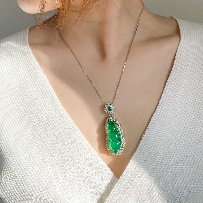 Fortune Bean Cyan Jade Luck Necklace Pendant