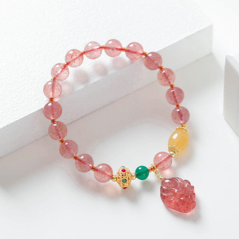 Buddha Stones Natural Strawberry Quartz Nine-Tailed Fox Healing Bracelet