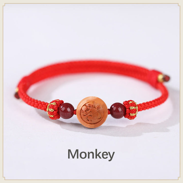 Buddha Stones Natural Peach Wood Chinese Zodiac Fu Character Carved Cinnabar Wealth Bracelet