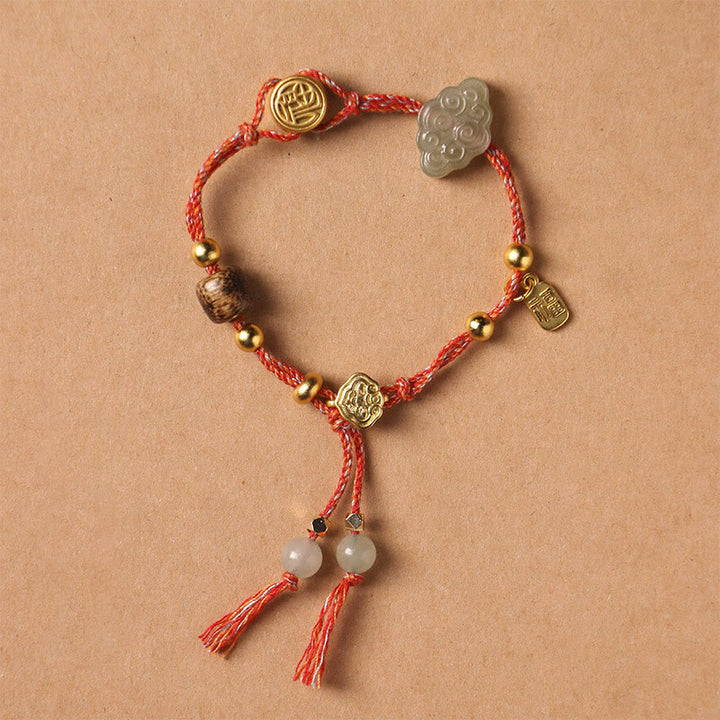 Buddha Stones Handmade Auspicious Clouds Hetian Jade Fu Character Luck Fortune Rope Bracelet