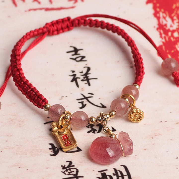 Buddha Stones Natural Strawberry Quartz Money Bag Lotus Healing Charm Red String Braided Bracelet