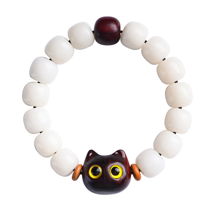 Buddha Stones Natural Bodhi Seed Small Leaf Red Sandalwood Ebony Wood Cute Lucky Cat Wisdom Bracelet