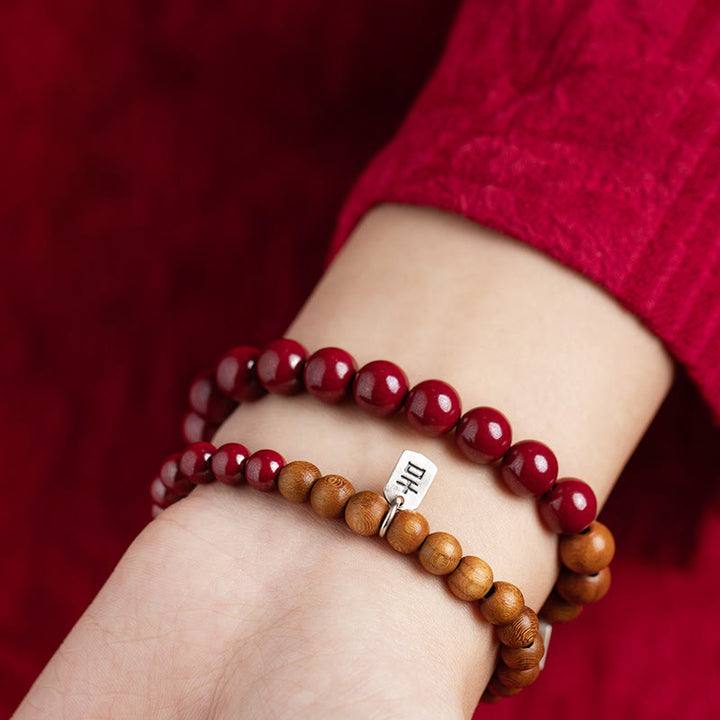 Buddha Stones 925 Sterling Silver Peach Wood Cinnabar Ward Off Evil Spirits Bracelet