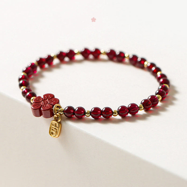 Buddha Stones 14K Gold Natural Garnet Cinnabar Flower Calm Bracelet