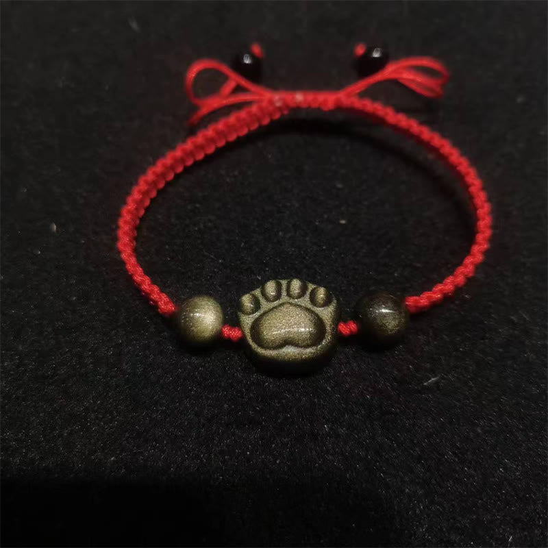 Buddha Stones Natural Silver Sheen Obsidian Gold Sheen Obsidian Cute Cat Paw Claw Protection Rope Bracelet