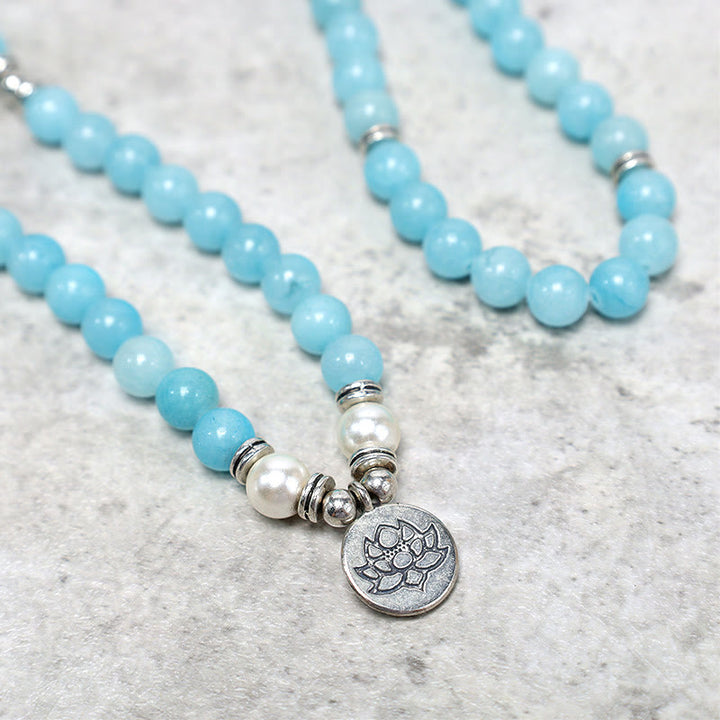 Buddha Stones Natural Amazonite Stone Healing Lotus Mala Bracelet