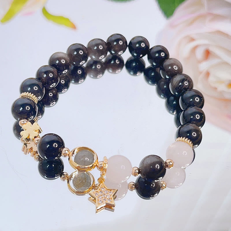 Buddha Stones Natural Silver Sheen Obsidian Love Heart Star Flower Protection Bracelet