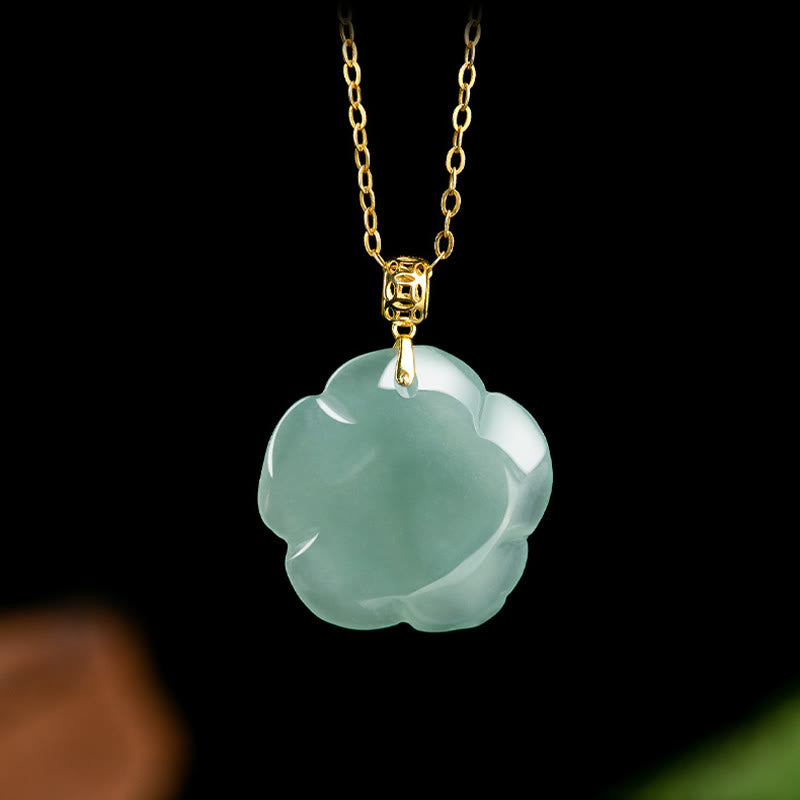 Buddha Stones 18K Gold 925 Sterling Silver Natural Jade Rose Luck Necklace Pendant