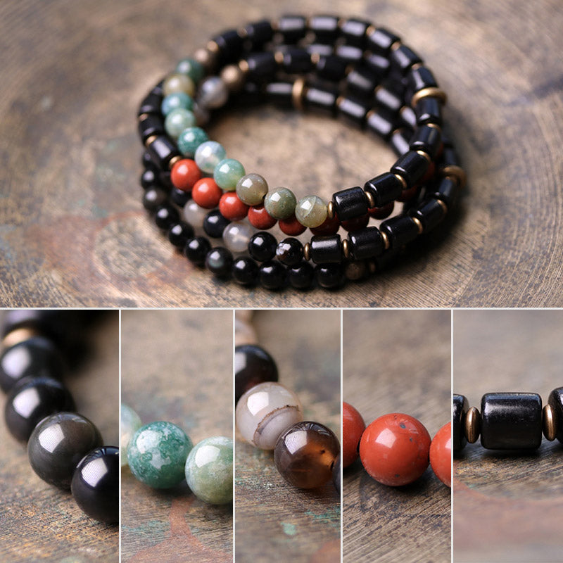 Buddha Stones Ebony Wood Red Jasper Moss Agate Crystal Copper Peace Couple Bracelet