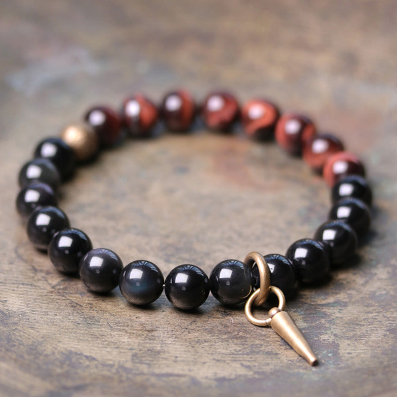 Buddha Stones Black Obsidian Sodalite Crystal Copper Strength Couple Bracelet