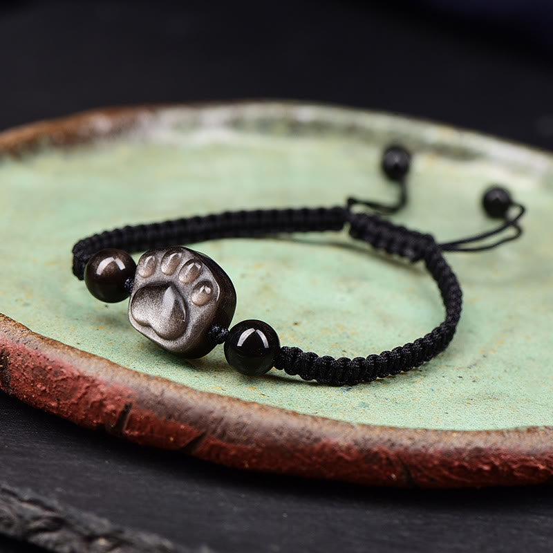 Buddha Stones Natural Silver Sheen Obsidian Gold Sheen Obsidian Cute Cat Paw Claw Protection Rope Bracelet