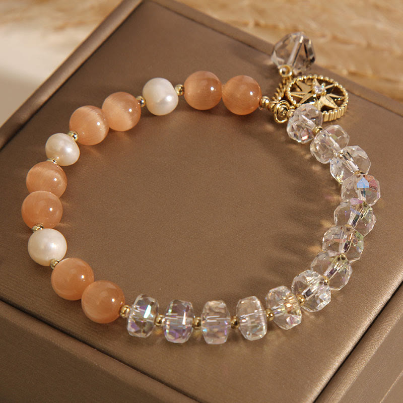 Buddha Stones Orange Cat's Eye White Crystal Star Support Bracelet