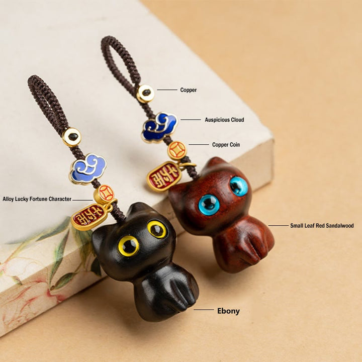 Buddha Stones Small Leaf Red Sandalwood Ebony Wood Lucky Cat Protection Key Chain Phone Hanging Decoration