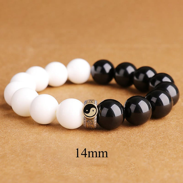 Buddha Stones 925 Sterling Silver Black Obsidian White Shell Yin Yang Strength Bracelet