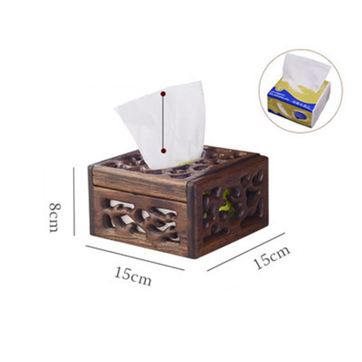 Retro Wooden Tissue Box Engraved Wooden Tissue Holder Wipes Boxes Decoration