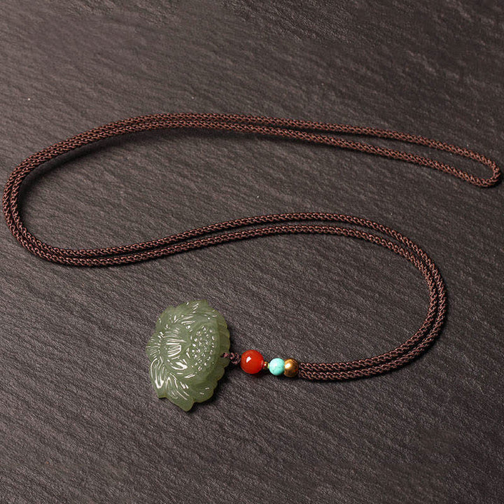 Buddha Stones Hetian Cyan Jade Lotus Flower Success Necklace Pendant