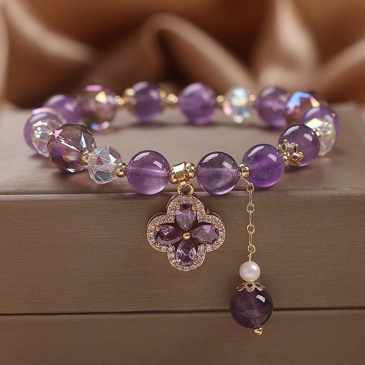 Buddha Stones Natural Amethyst Crystal Four Leaf Clover Spiritual Healing Bracelet