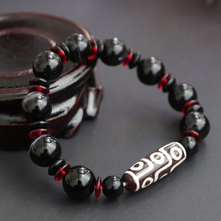 Buddha Stones Black Onyx Nine-Eye Dzi Bead Wealth Protection Bracelet