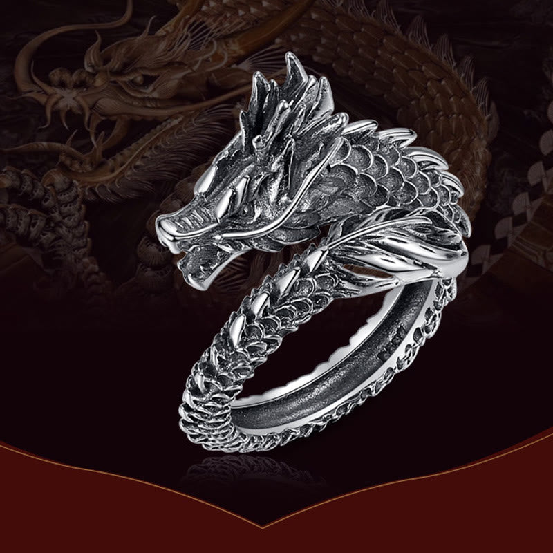 Buddha Stones 925 Sterling Silver Vintage Dragon Success Protection Strength Adjustable Ring