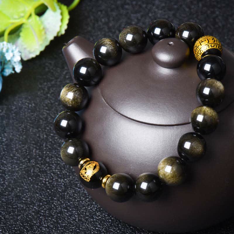 Chinese Zodiac Natal Buddha Gold Sheen Obsidian Wealth Protection Bracelet