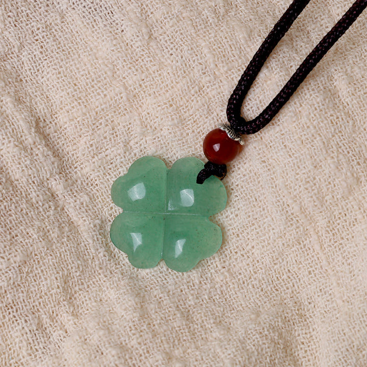 Buddha Stones 925 Sterling Silver Green Aventurine Four Leaf Clover Luck Leather Rope Necklace Pendant