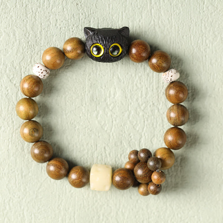 Buddha Stones Green Sandalwood Ebony Wood Cat Peace Soothing Bracelet