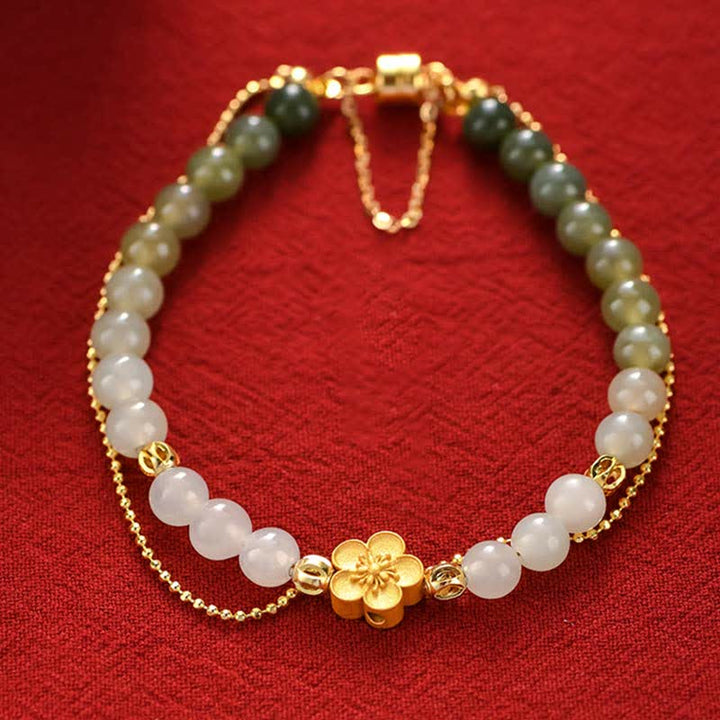 Buddha Stones 925 Sterling Silver Natural Hetian Jade Peach Blossom Luck Chain Bracelet